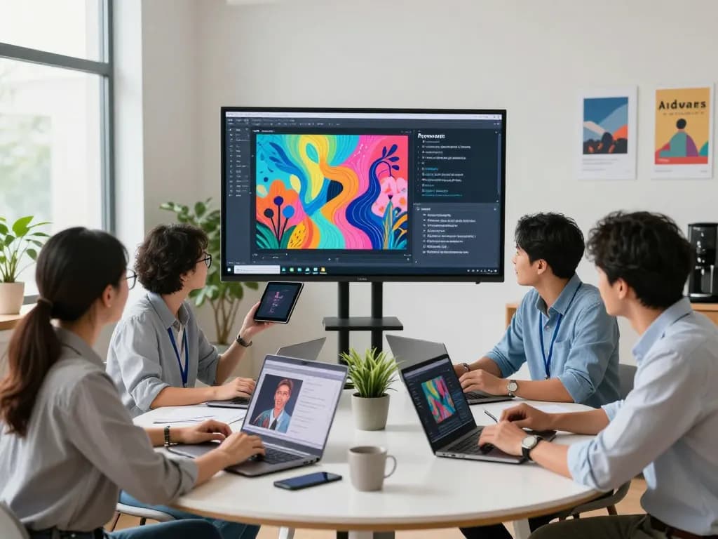 Image to prompt workspace: professionals generating AI prompts using images on laptops in bright office.