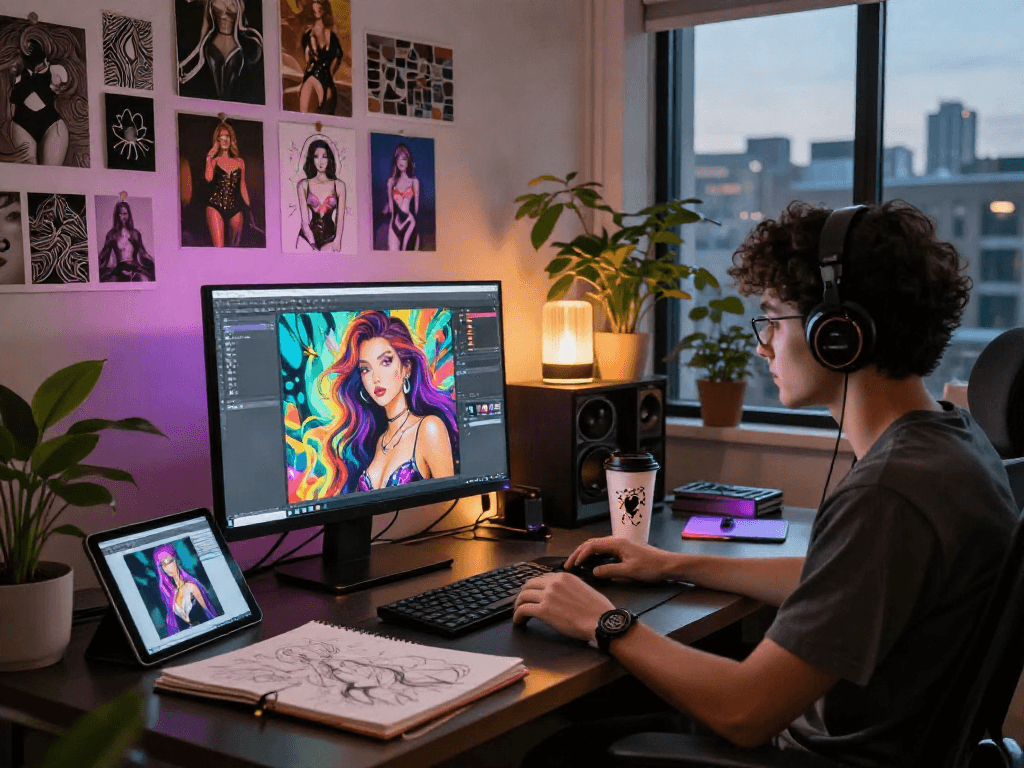 Creative AI NSFW content studio with designer at work, vibrant digital art.