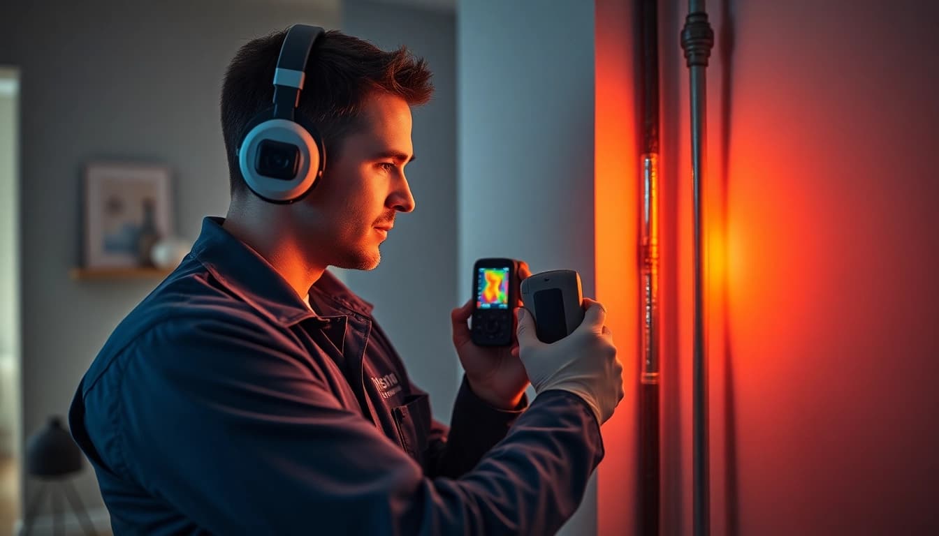 Professional leak detection technician using advanced tools for power flush in a home.