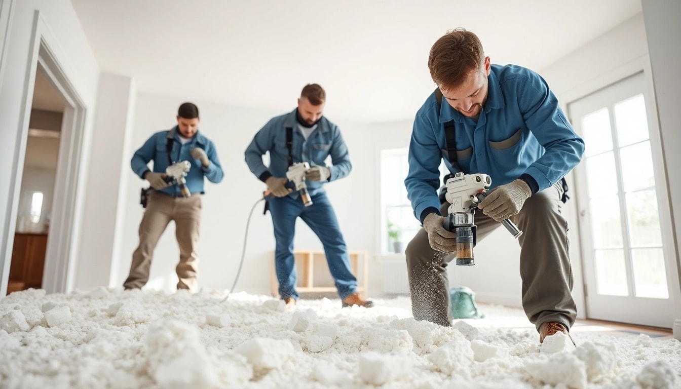 Painting specialists performing spray foam removal for mortgage assessment indoors.