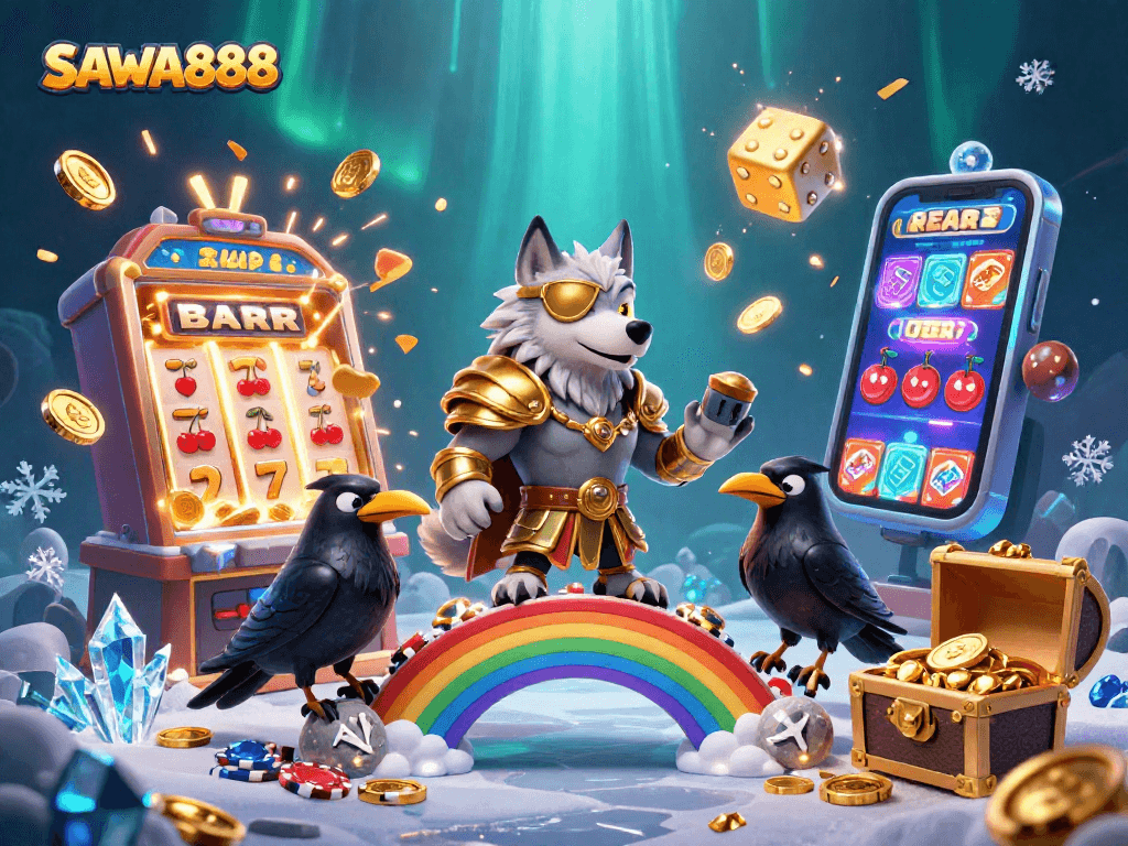 Immerse in SAWA888's vibrant world with Odin and ravens among sparkling slots and gold.