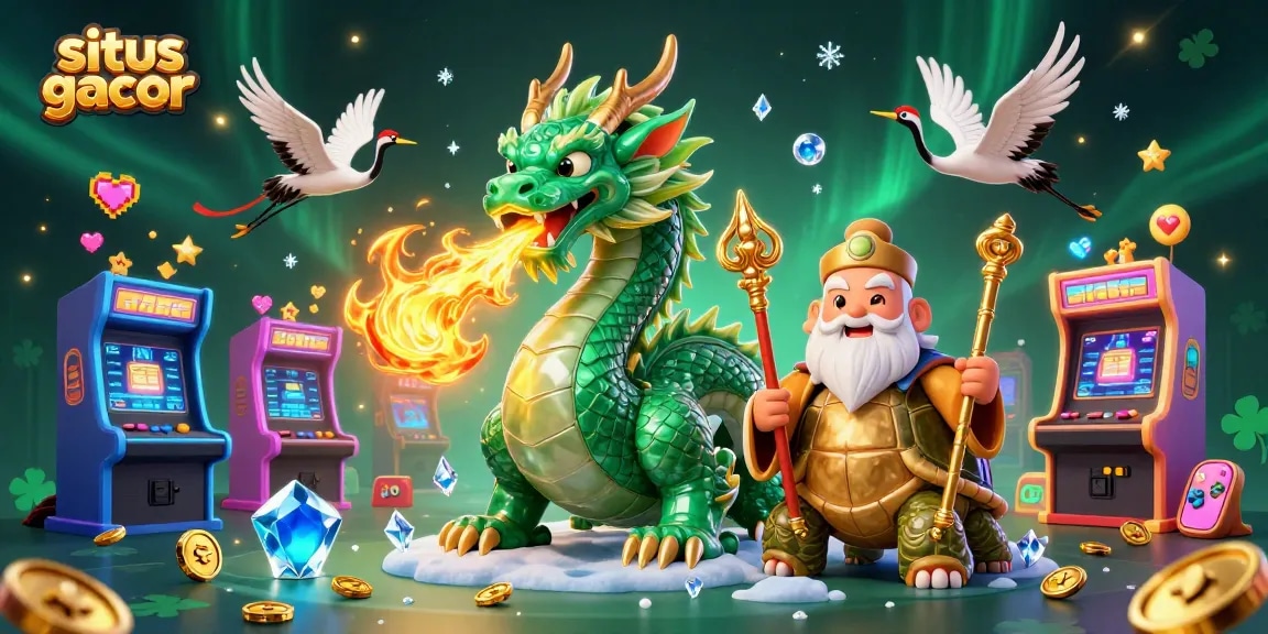 Experience situs gacor with a magical scene featuring a jade dragon and lucky symbols amidst casino elements.