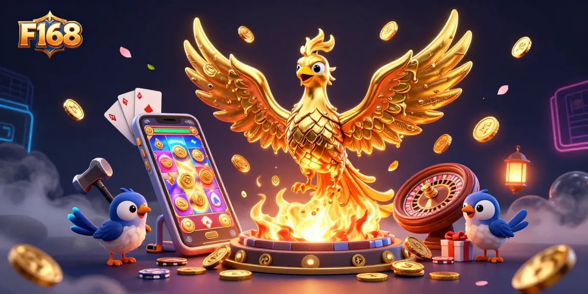 Play thrilling casino games at F168 with a dynamic 3D illustration showcasing golden phoenix and vibrant gaming elements.