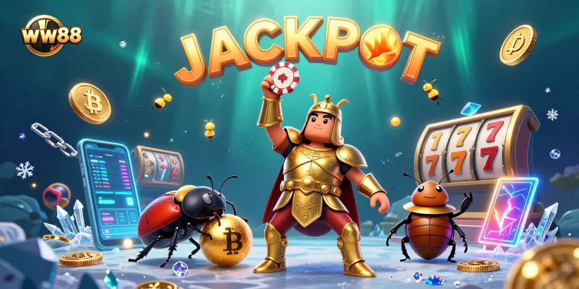 Experience thrilling jackpots at ww88 with a victorious beetle championing winnings in a vibrant casino.