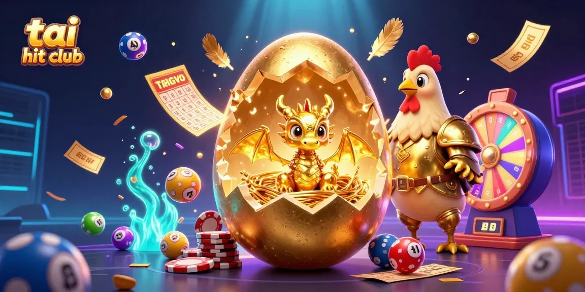 Engage with tai hit club's vibrant rewards featuring a golden dragon amidst lottery balls and prizes.