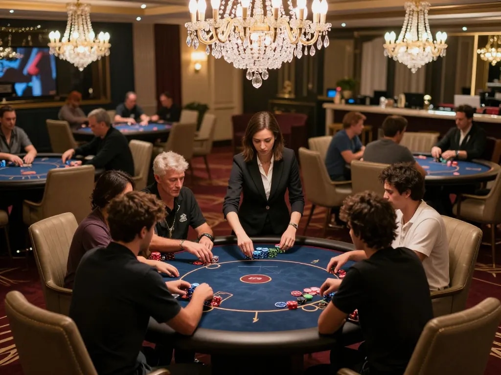 Players engaging in strategic gameplay at a luxurious u888 casino poker table surrounded by elegant decor.