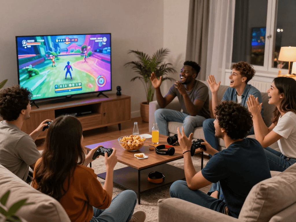 Group enjoying a real porn game in a cozy living room setting