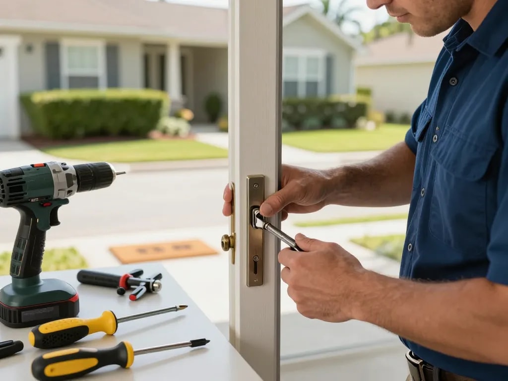 PSL Lock and Key locksmith servicing a home door lock in Port St. Lucie.