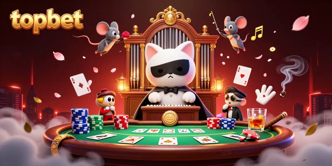 Experience thrilling gameplay at topbet with a vibrant casino scene filled with action, cards, and characters.