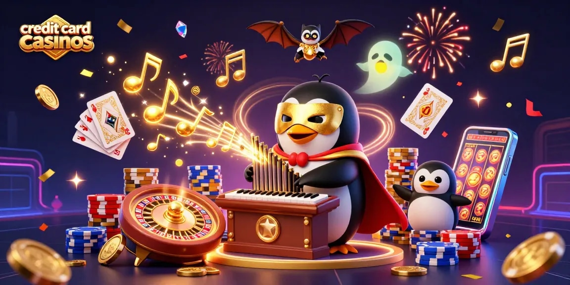 Experience the excitement at credit card casinos with playful penguins and vibrant gaming elements.