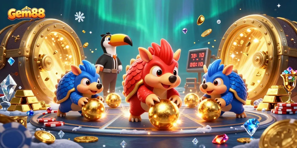 Engage in thrilling gameplay with gem88 as pangolins bowl through poker chips in a vibrant casino
