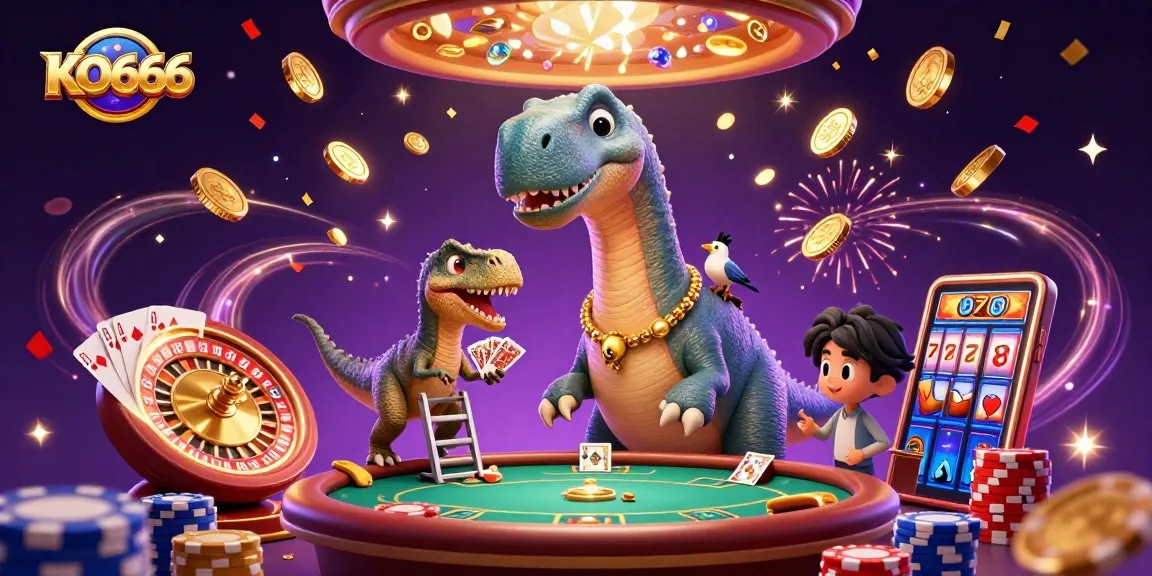 Experience thrilling gameplay at KO666 with a dynamic 3D casino scene featuring stunning characters and sparkling winnings.