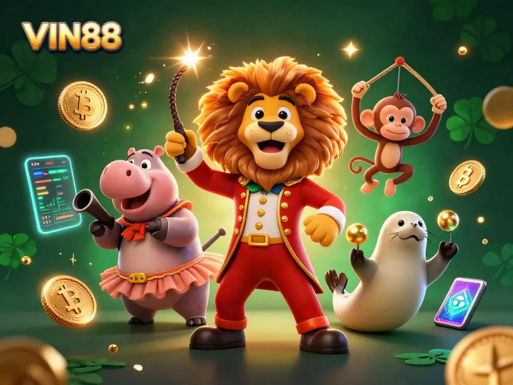 Spin to win at VIN88 with playful circus characters and vibrant crypto elements in a lively casino scene.