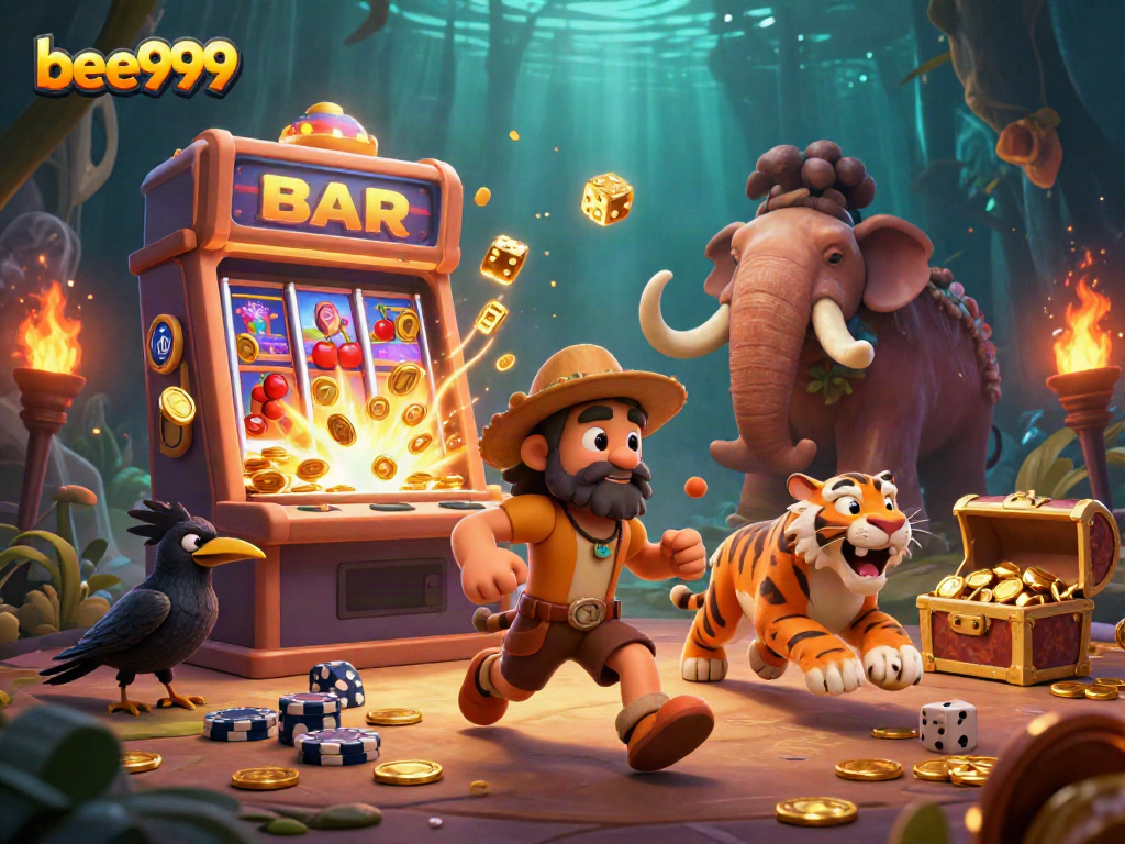 Experience the bee999 casino adventure with cavemen and a sabertooth tiger amid vibrant slot machines.