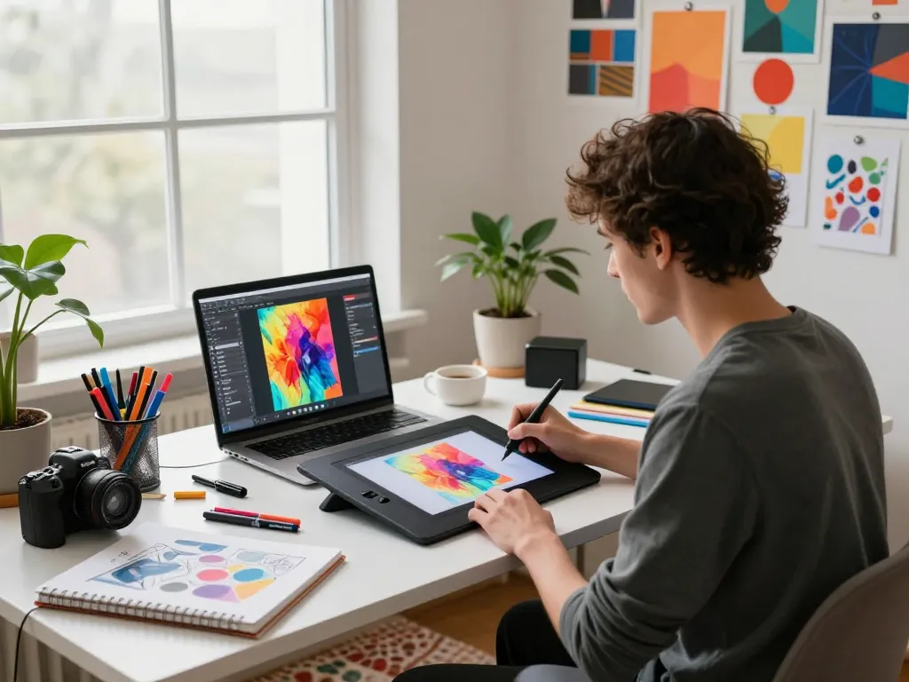 Transform an image to prompt with a digital artist in a creative workspace filled with art supplies and technology.