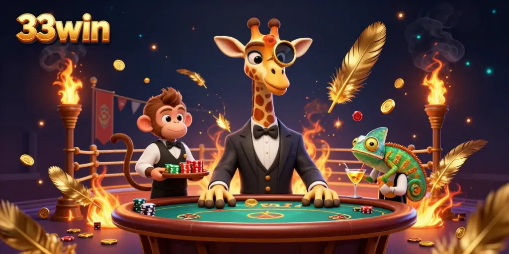 Experience thrilling gaming with 33win at a vibrant casino scene featuring animated characters.
