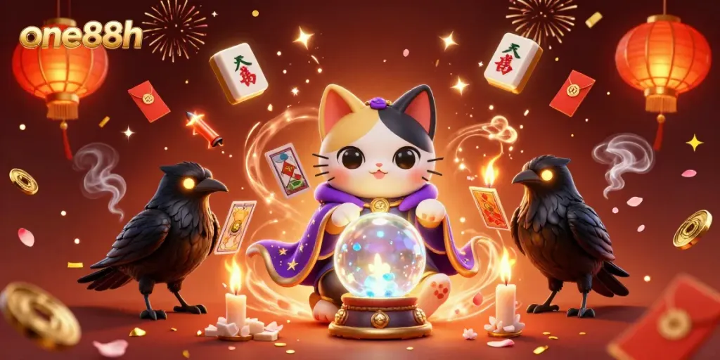 Experience thrilling moments at one88h with a mystical illustration of gaming fortune and luck.