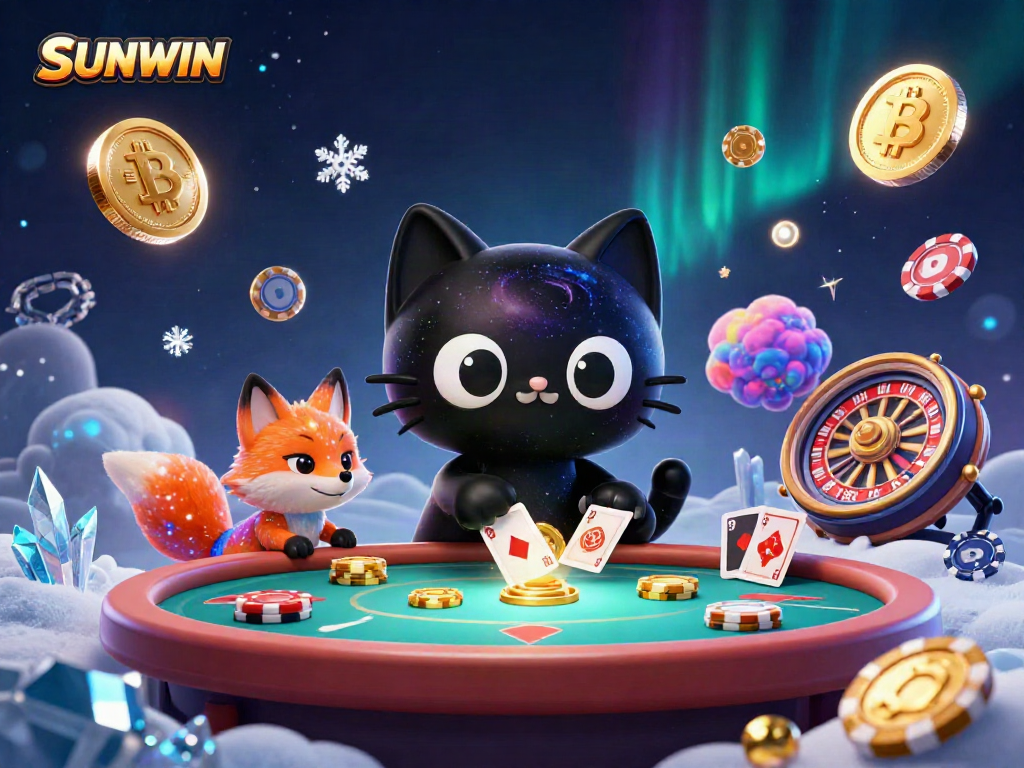 Engage with SUNWIN in a vibrant cosmic casino scene featuring a unique black hole cat and galaxy-themed companion.