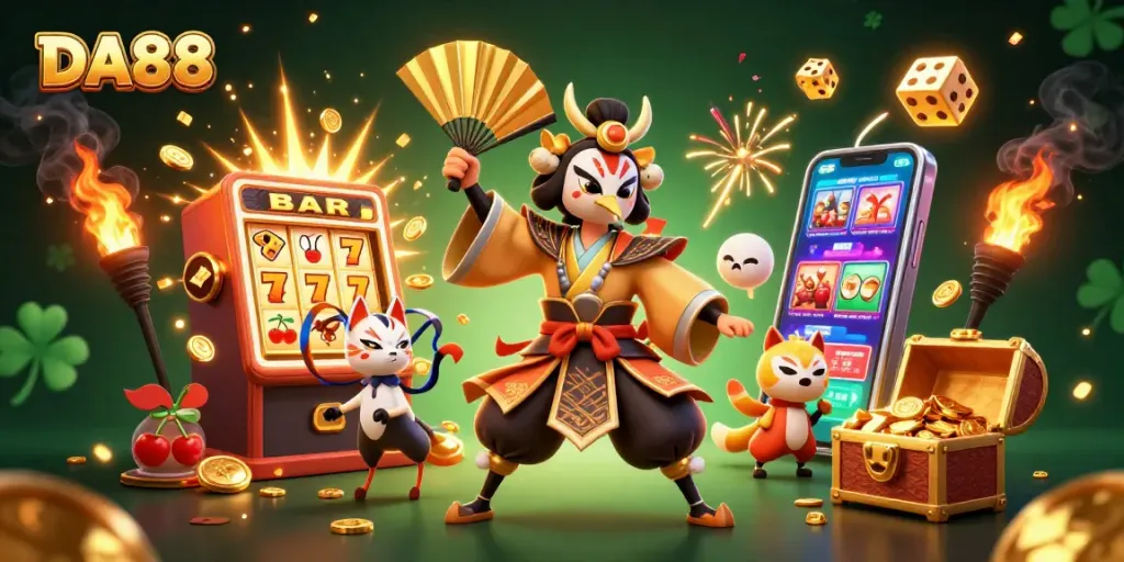 Experience the thrill of DA88 gaming with a vibrant 3D illustration showcasing dynamic slot elements.