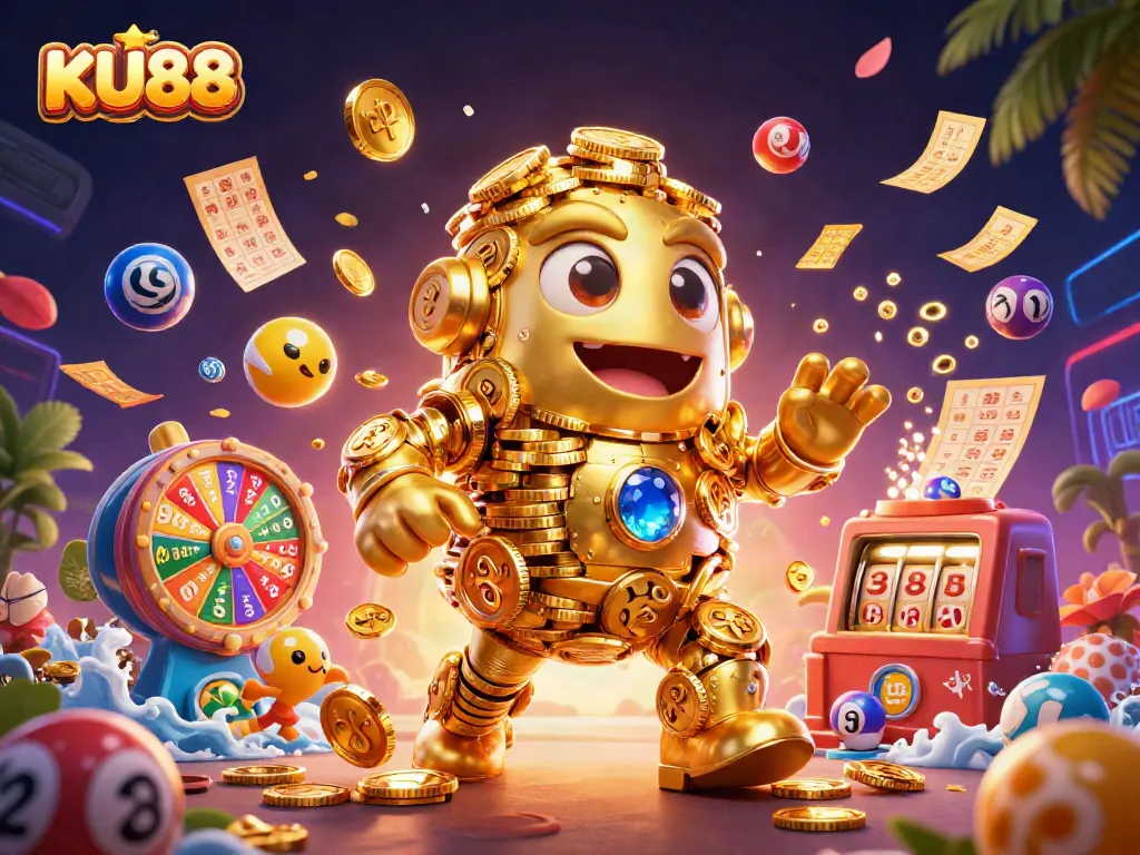 KU88 transforms play with a dynamic scene of spinning reels, lottery excitement, and golden rewards