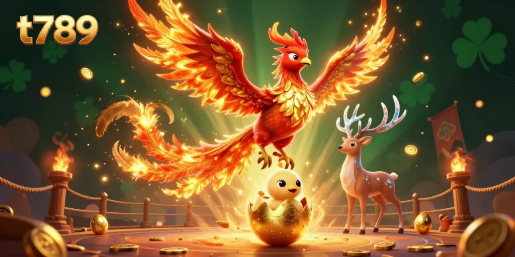 Engage with t789's dynamic casino world featuring phoenix and stag amidst golden elements.