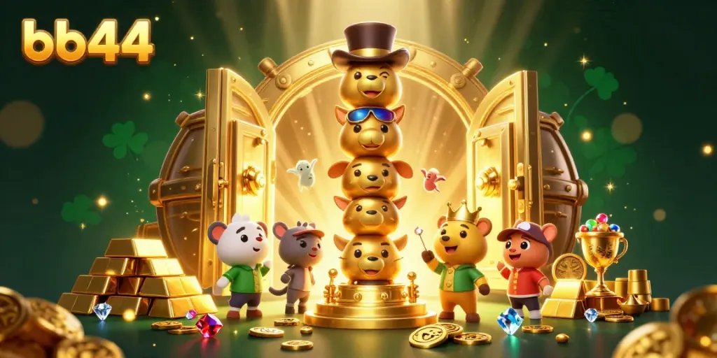 Spin the reels with bb44 at this vibrant casino illustration featuring animated treasures.