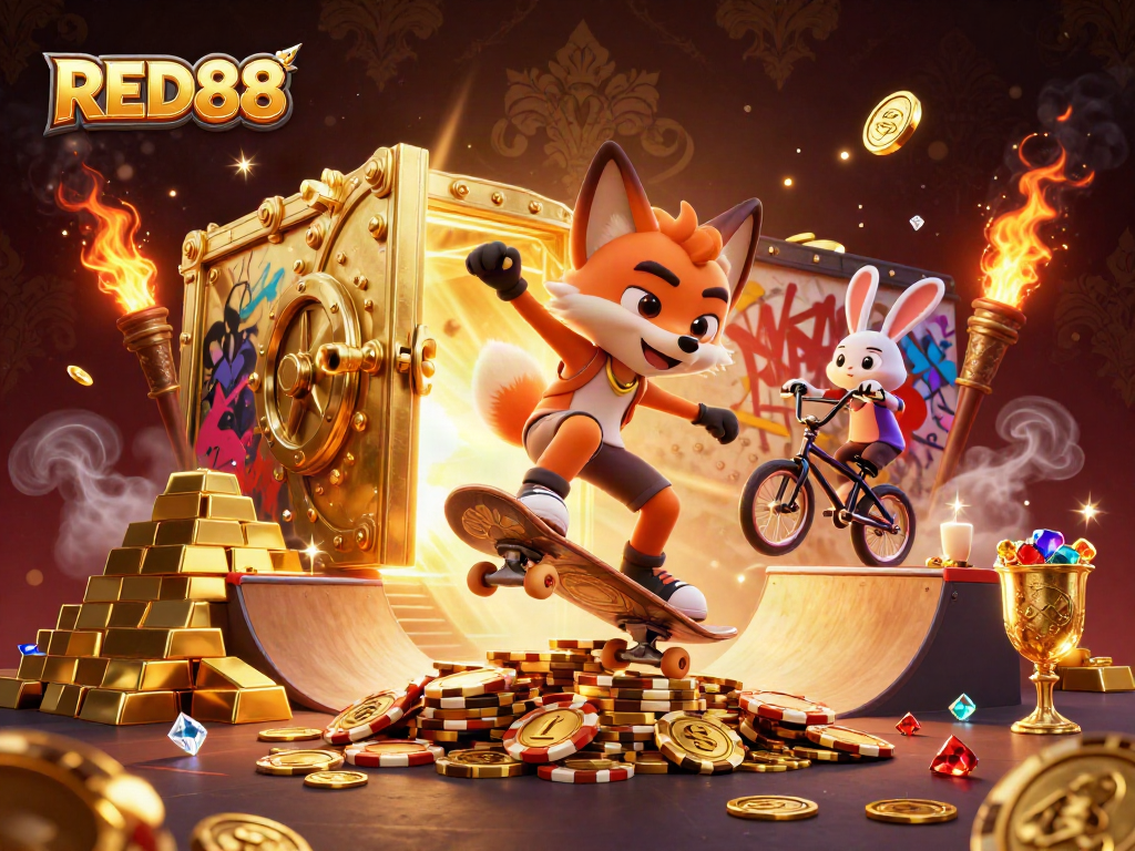 Experience thrilling gaming action at RED88 with vibrant cartoon fox and rabbit characters in an exciting casino scene.