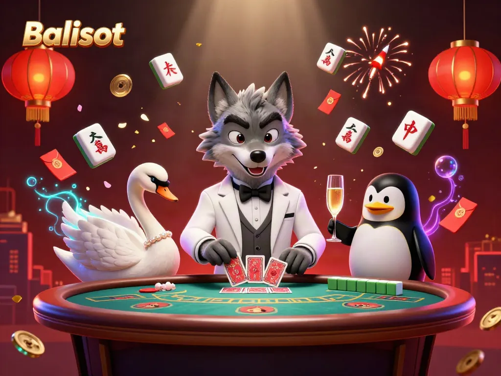 Balislot characters at a baccarat table featuring a debonair wolf, elegant swan dealing cards, and penguin sommelier