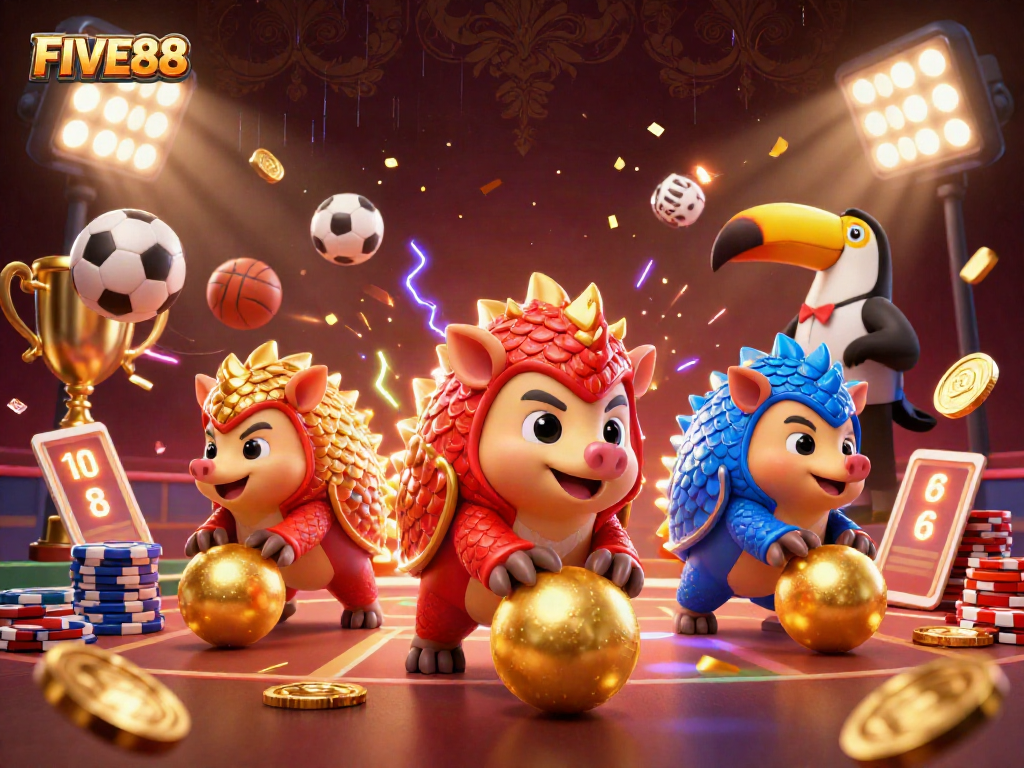 FIVE88 players compete in an exhilarating casino environment featuring dynamic pangolins and flying sports elements.