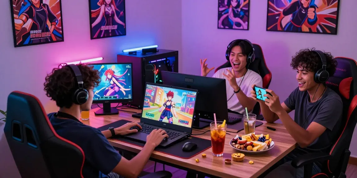 Players enjoying a colorful hentai game on various devices in a lively gaming room.
