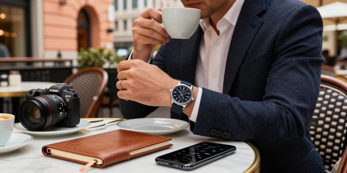 Individual showcasing a luxury clone watch at an outdoor café, blending style and sophistication
