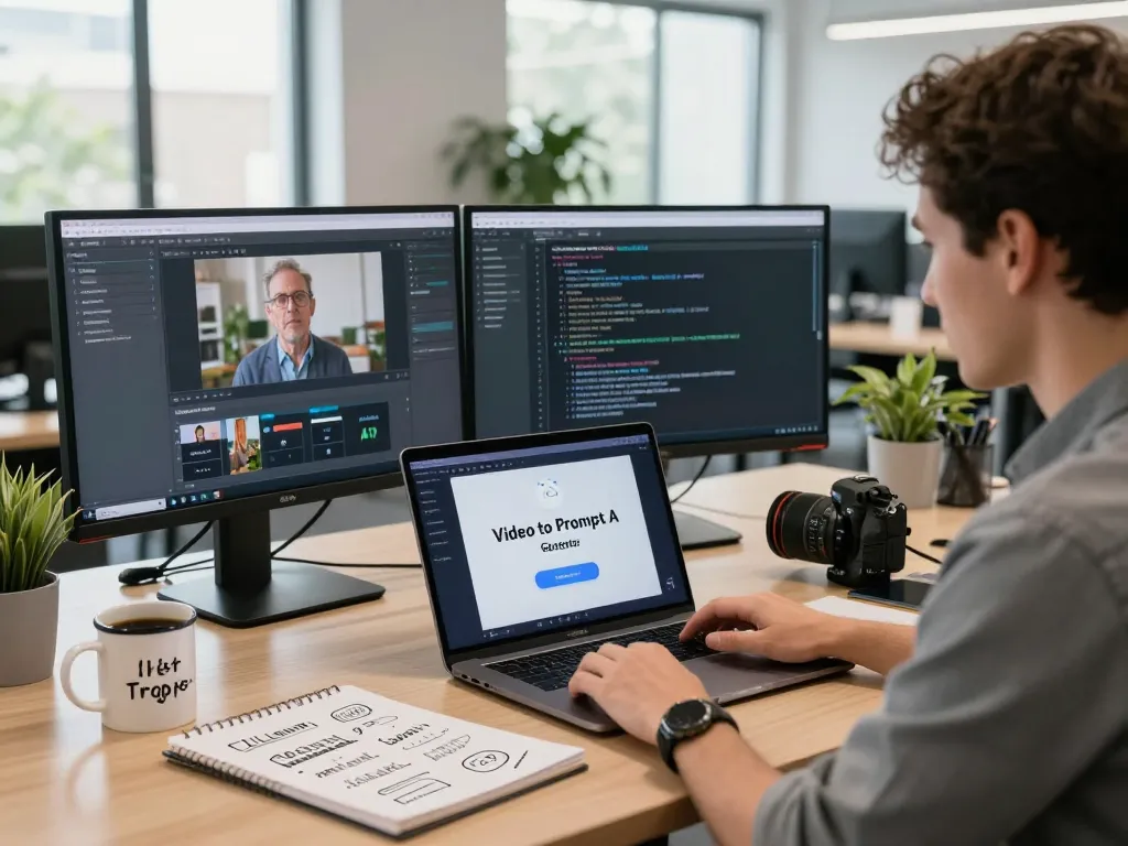 Professional user using video to prompt ai in a modern tech workspace with dual monitors and creative ambiance.