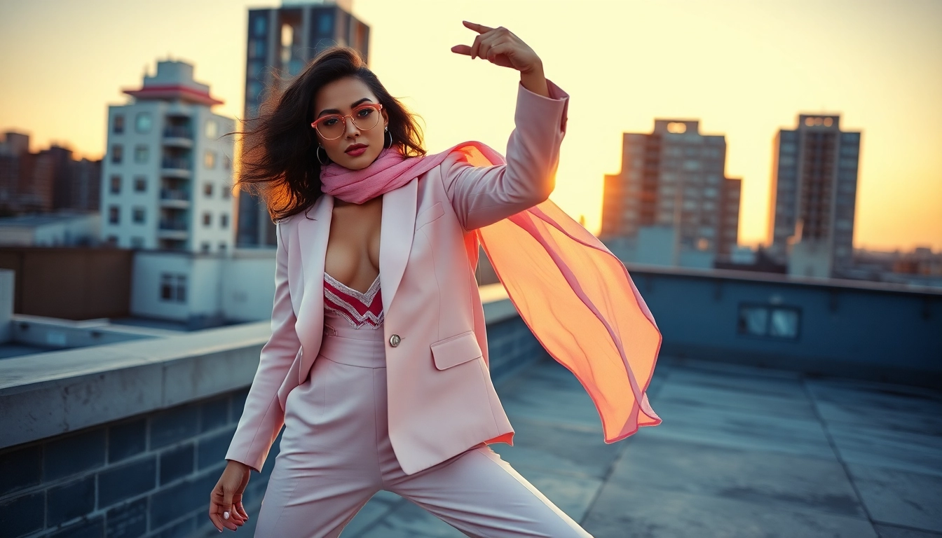 Celebrate Women Fashion with a confident woman in a stylish rooftop pose.