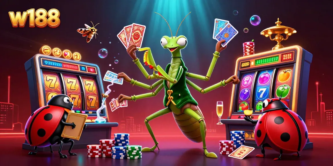 Experience the excitement of w188 casino with a vibrant illustration of a giant praying mantis card sharp in action with lively slot elements.