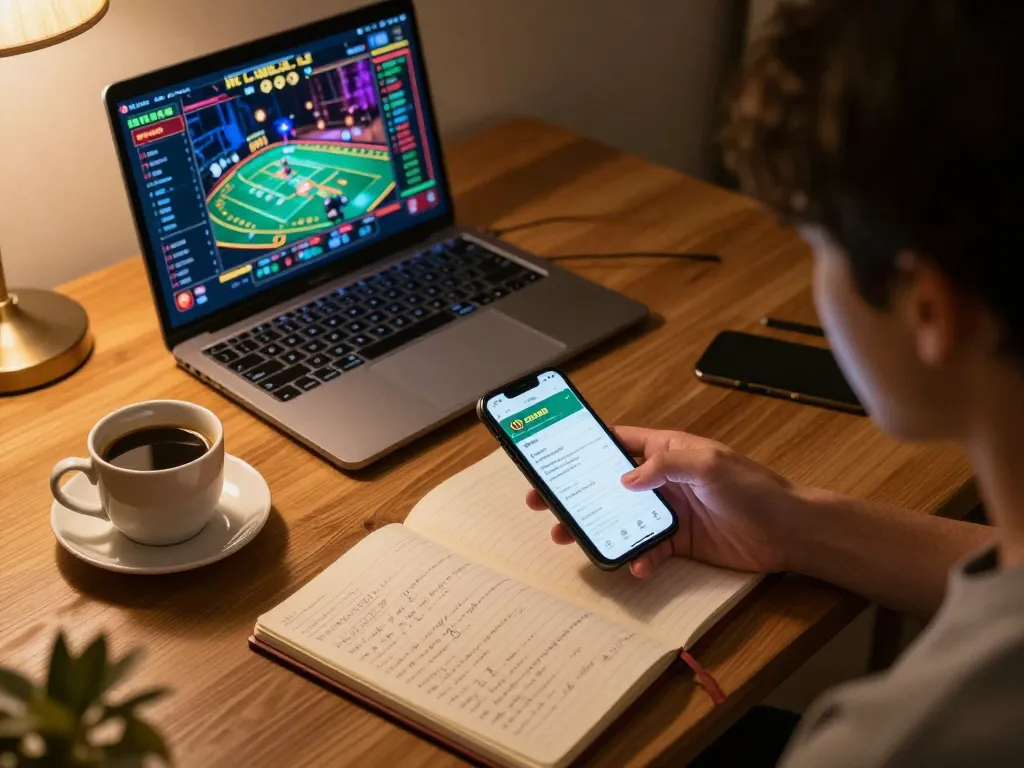 Engaging with the Soc88 app on a smartphone in a cozy home office, showcasing strategic online gambling.