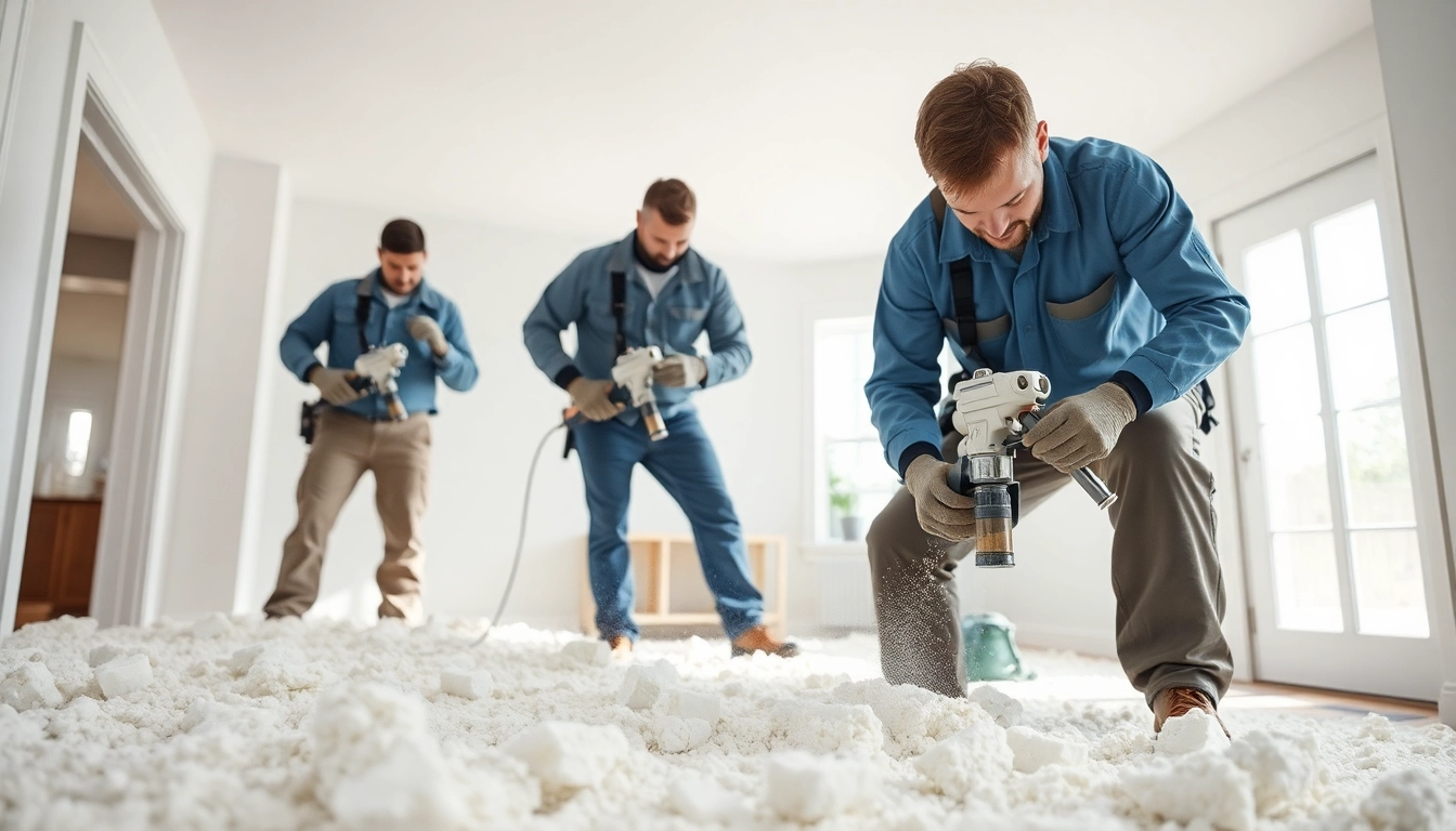 Painting specialists performing spray foam removal for mortgage assessment indoors.