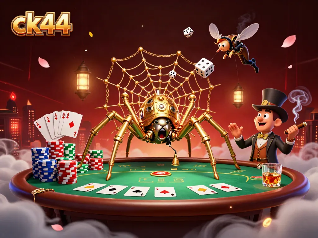 Experience excitement with ck44 as a golden spider captures dice in a vibrant casino scene.