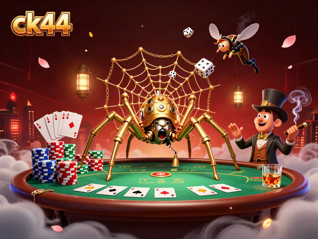 Experience excitement with ck44 as a golden spider captures dice in a vibrant casino scene.