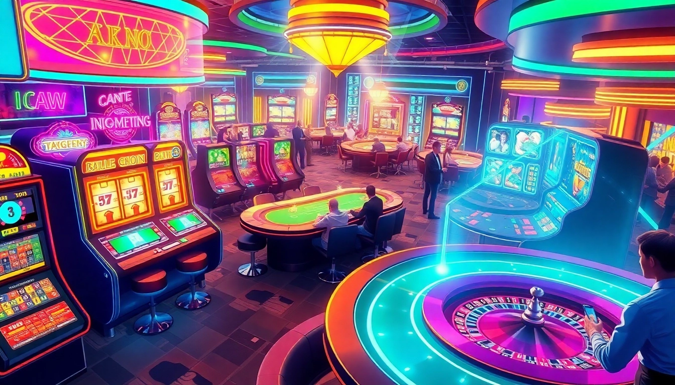 "Explore New Technology innovations in an immersive casino environment featuring holographic games."