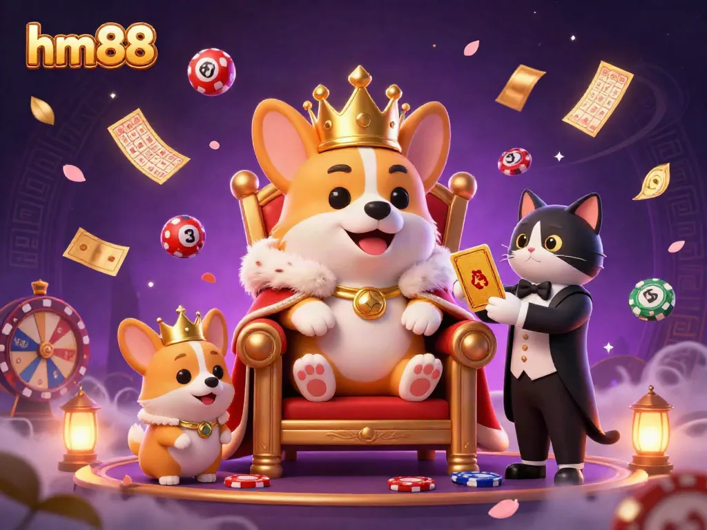 Engaging scene showcasing hm88 with a royal corgi surrounded by lottery elements and a warm gambling atmosphere.