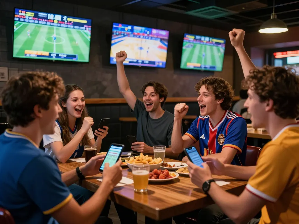 Friends passionately placing bets on rr88 while celebrating wins during an exciting sports event at a lively venue.