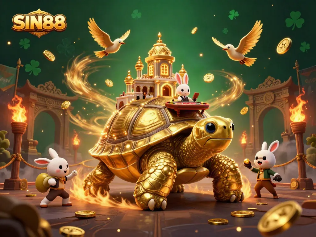 SIN88 showcases an engaging 3D scene with a golden tortoise casino, a rabbit dealer, and birds flying with coins.