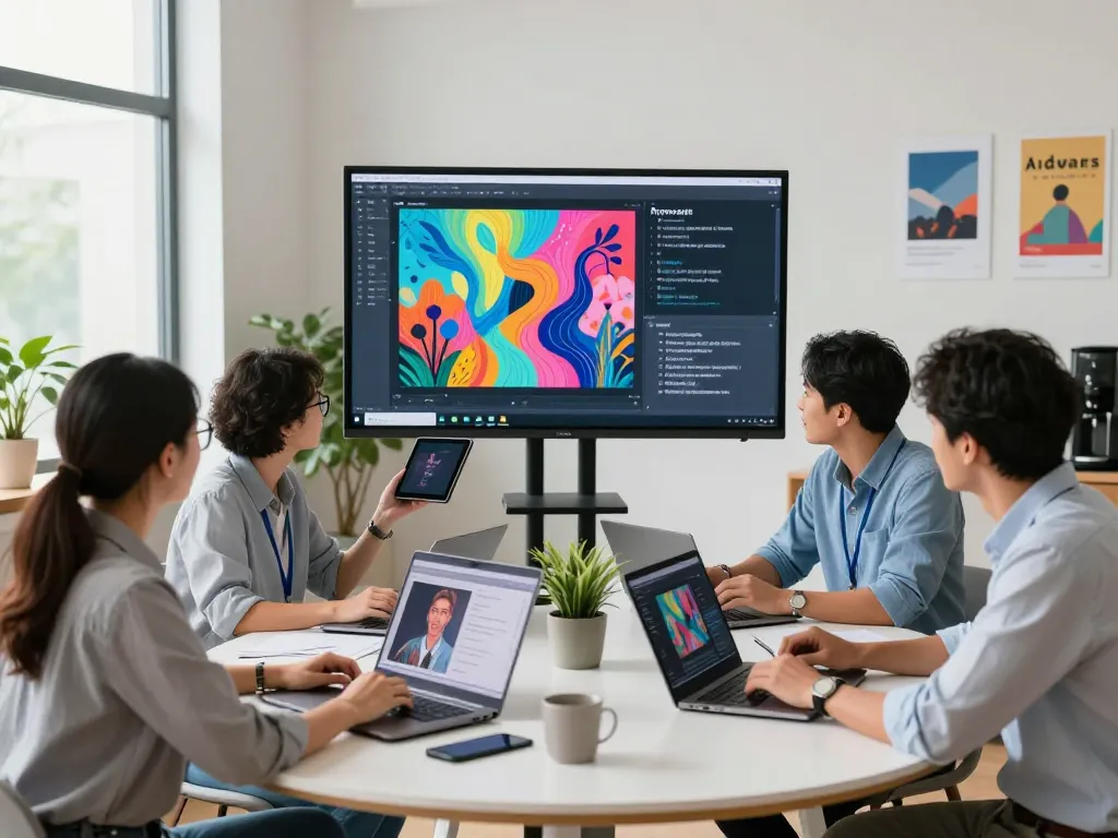Image to prompt workspace: professionals generating AI prompts using images on laptops in bright office.