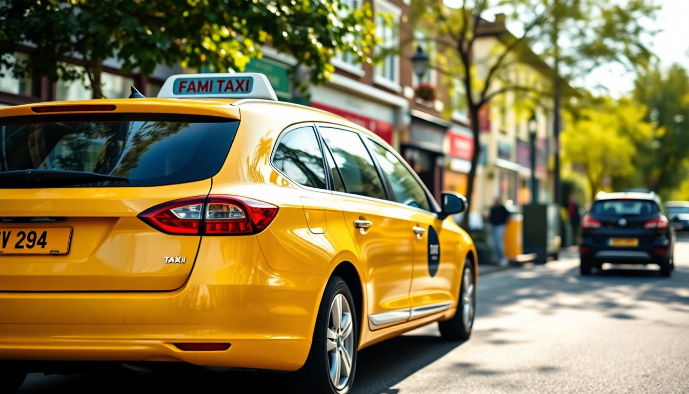 Experience Hersham through a vibrant taxi scene highlighting local charm and transportation.