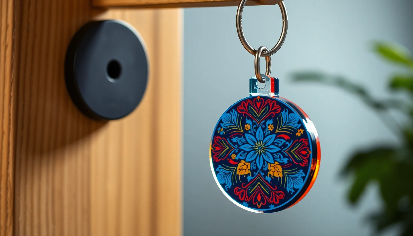 Showcase an acrylic keychain custom with vibrant designs hanging from a wooden key holder.