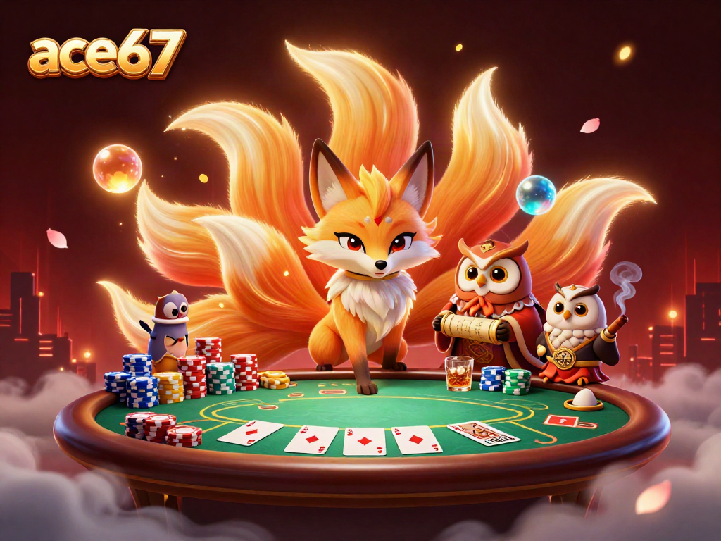 Experience the vibrant world of ace67 with a colorful nine-tailed fox and gaming elements in a stunning casino scene.