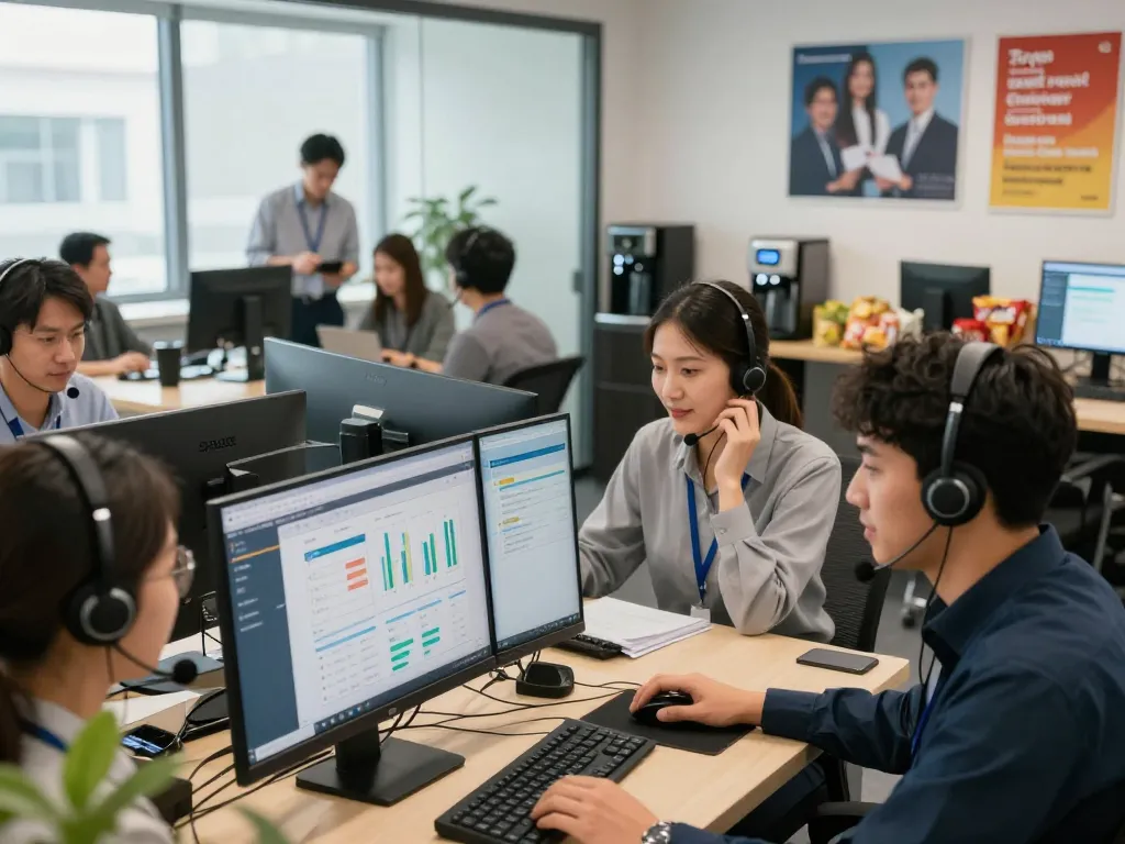 Customer service representatives efficiently handling inquiries with the Myfairplay customer care number visible on screens.