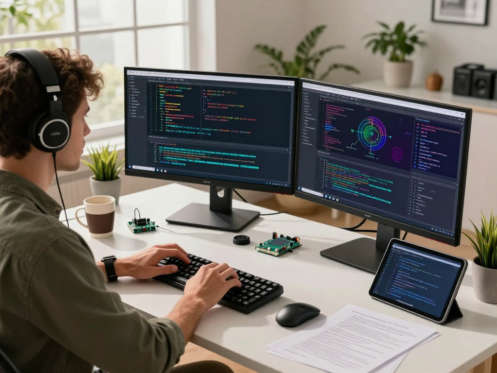 Juicy AI workspace with a developer coding on multiple screens in a bright office.