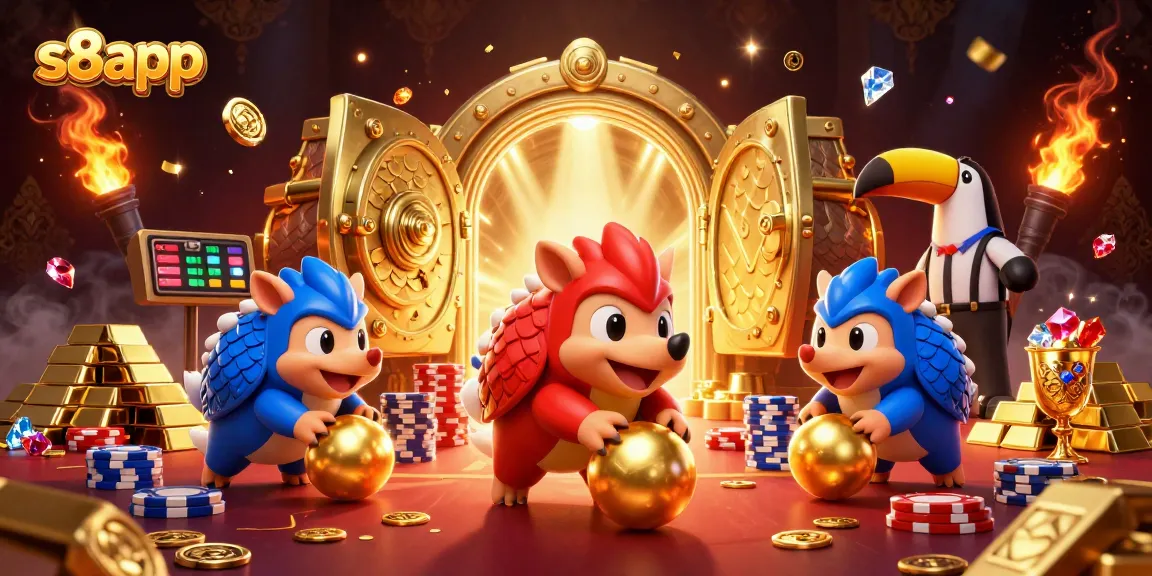 Engaging in thrilling bets with s8app, vibrant pangolin rivals amidst golden casino treasures.