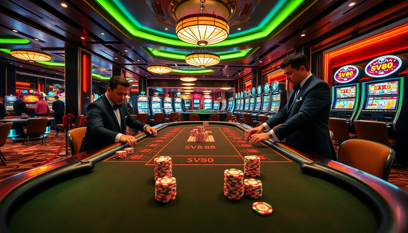 SV88-themed poker table showcasing professional croupiers and vibrant casino ambiance.